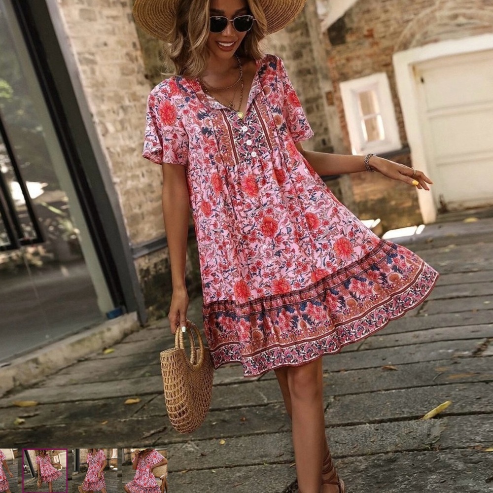 Boho Womens Floral Print Tie Neck Smock Dress